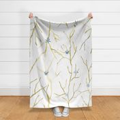 Neutral Blue Gold Watercolor Branches  Flowers - big scale