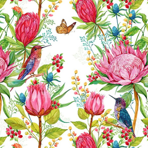 Watercolor flowers and hummingbirds