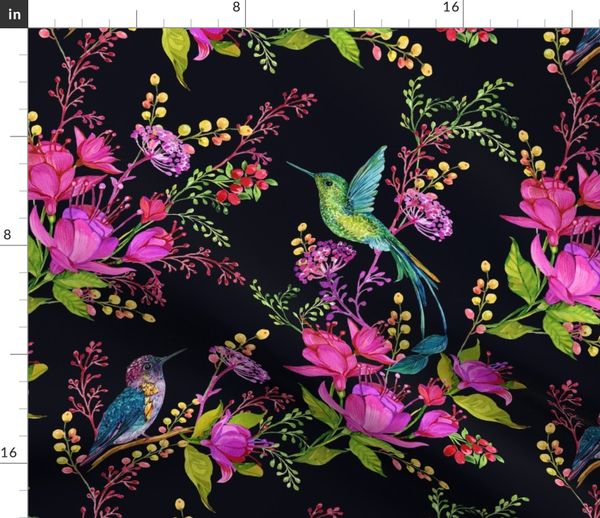 65Hummingbird, black, flowers, pink - Spoonflower