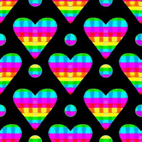 Rainbow Hearts and dots / on black / exclamation point   