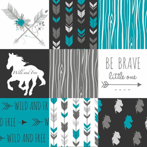 Horse Quilt with Floral Arrows - Teal, Black, Grey, White