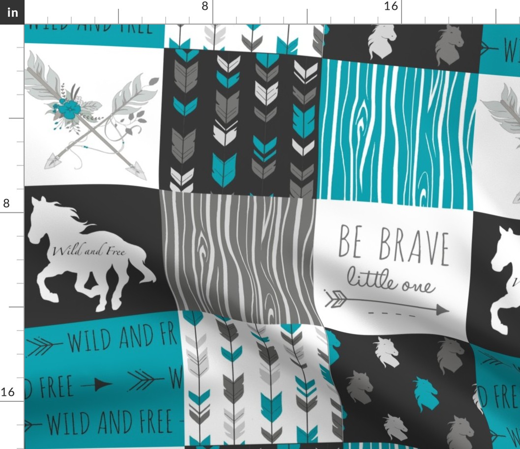 Horse Quilt with Floral Arrows - Teal, Black, Grey, White