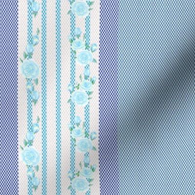 Ticking Stripe with Roses in Ice Blue