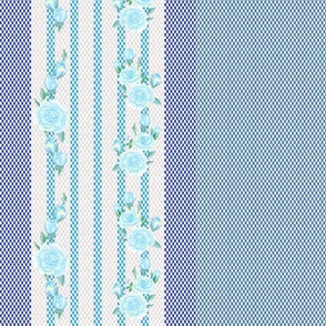 Ticking Stripe with Roses in Ice Blue