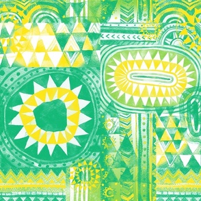 Tribal Bohemian Patchwork / Green and Yellow