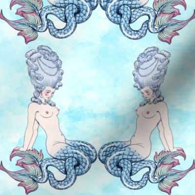 Marie Antoinette inspired half naked nude mermaids breasts beautiful female woman princess queen baroque rococo Victorian lady mythology fairy tales pouf 18th century Bouffant blue sea water ocean  beauty marks sexy erotic