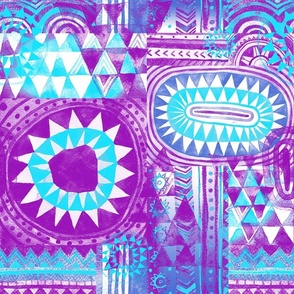 Tribal Bohemian Patchwork / Neon Purple and Blue