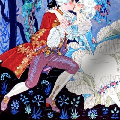 Marie Antoinette inspired baroque rococo Victorian lady gentleman lovers kissing couples boyfriend girlfriend blue ballgown roses forests garden night moon trees flowers park vines love romantic  beautiful female woman princess queen prince  pouf 18th cen