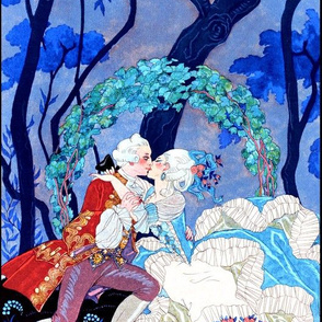 Marie Antoinette inspired baroque rococo Victorian lady gentleman lovers kissing couples boyfriend girlfriend blue ballgown roses forests garden night moon trees flowers park vines love romantic  beautiful female woman princess queen prince  pouf 18th cen