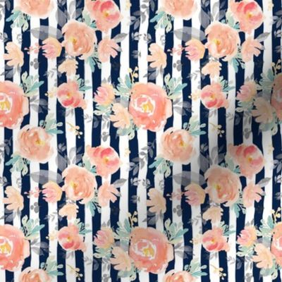 4" Coral Grey and Mint Florals - Navy Stripes 90 degrees