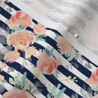 4" Coral Grey and Mint Florals - Navy Stripes 90 degrees
