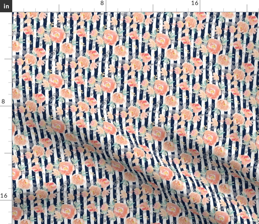 4" Coral Grey and Mint Florals - Navy Stripes 90 degrees