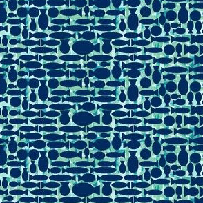 Little fish - navy blue fish with patterned aqua background