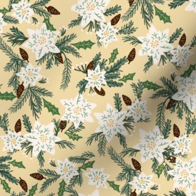 White Poinsettia and Pine Cones - cream background