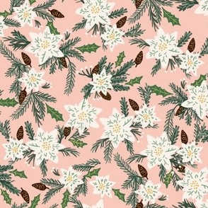 White Poinsettia and Pine Cones - pink background