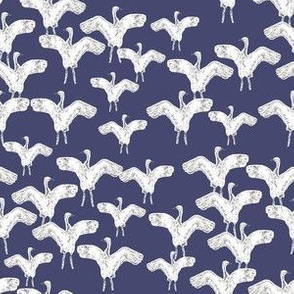 Birds - light gray on purple - sketched flock of Cranes