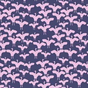 Stamped pink birds on darkest purple background