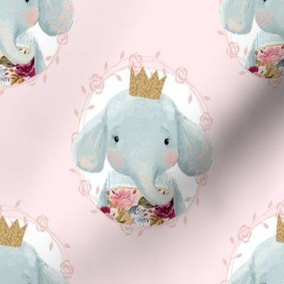 8" Winter Floral Elephant with Gold Crown Pink Back