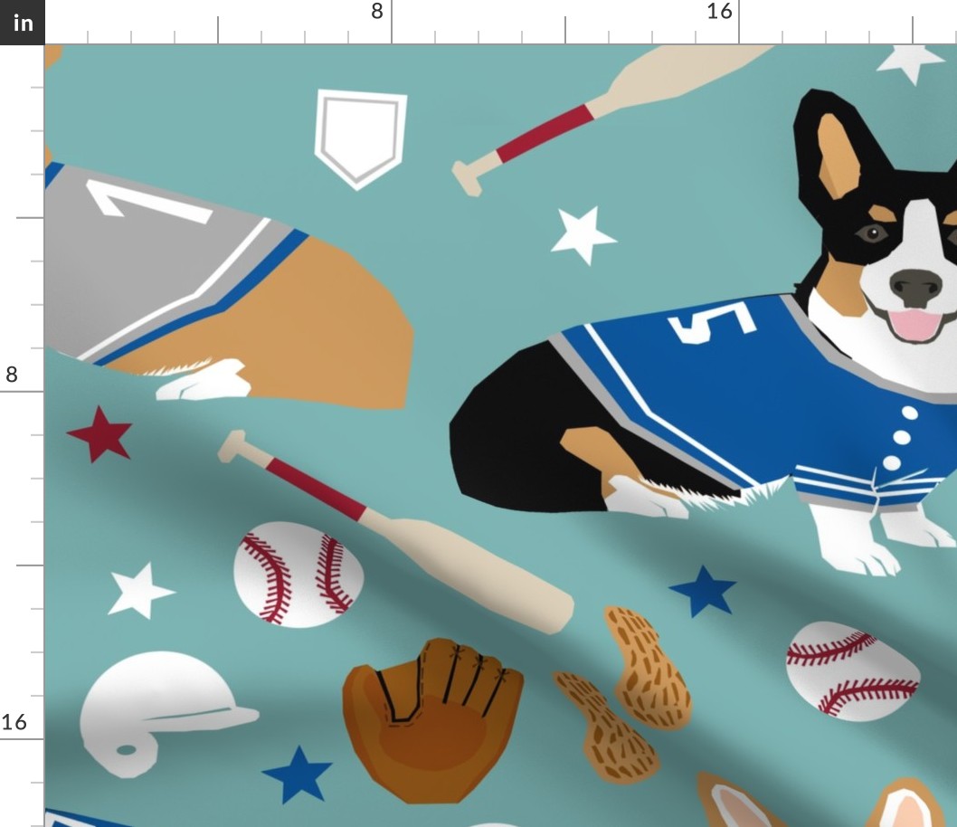 LARGE - corgi tricolored and red  baseball sports dog breed fabric blue