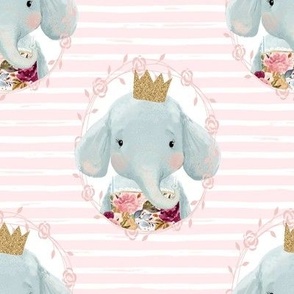 8" Winter Floral Elephant with Gold Crown with Pink and White Stripes