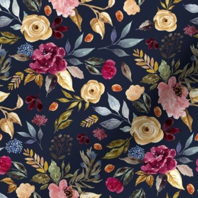 8" Winter Garden Florals Dark Blue Back