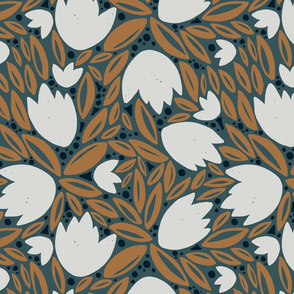 Teal and Tan Flowers and Leaves