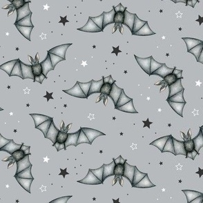 Ditsy Bats and Stars on light grey - medium scale