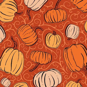 Burnt Orange, Cream, and Gold Pumpkin Patch with Textured Swirl Background // Fall Holiday Print Lovely for Halloween and Thanksgiving