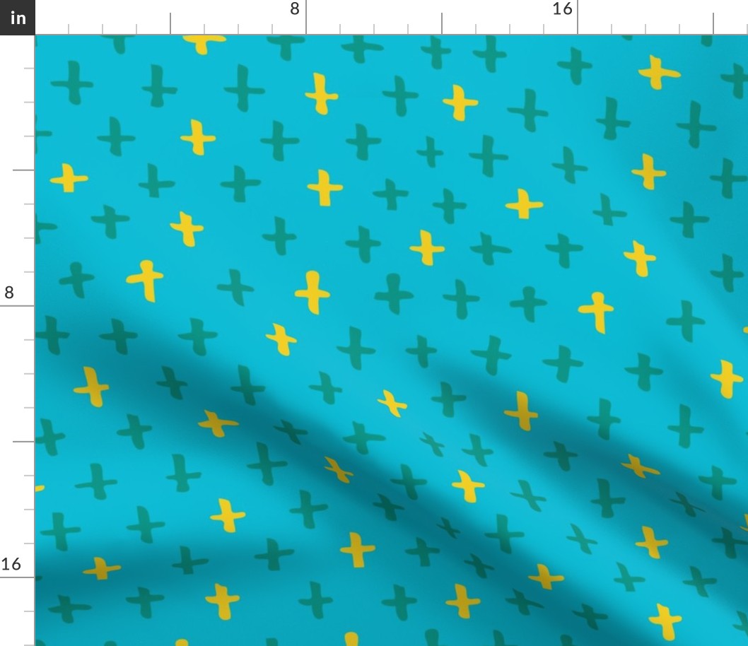 Aqua, Sunshine, and Kelly Green Scandi Swiss Cross (+) Fat Eighth // Bright + Playful Color with Geometric Hand Drawn Motifs in Tints and Shades // Modern Quilting Collection // Small Scale // ZirkusDesign