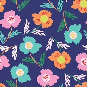 Flower Power: Orange, Teal, and Pink Blooms with pink Leaves on blue