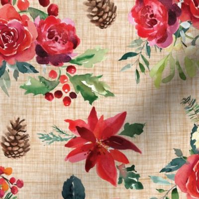 winter floral on sand linen