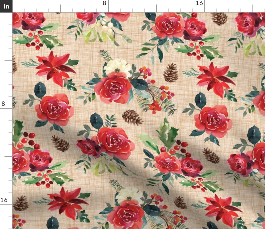 winter floral on sand linen