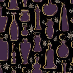 Potion Bottles with Spiders Webs in Goldenrod and Eggplant with Cream Accents on Black // Halloween Creepy Fun // Gallery of Glass