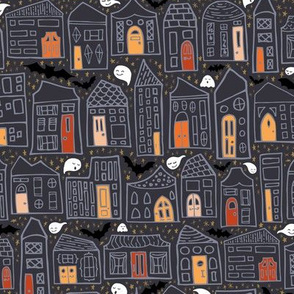 Happy Haunted House City in GRAY // Colored Doors, Quirky Houses, Smiling Ghosts, and Friendly Bats // Home for Halloween