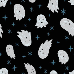 Sketchy Embroidery Ghosts // Scary Halloween Fun Textured Design // Black Night Sky // Blue Stars and Sparkles