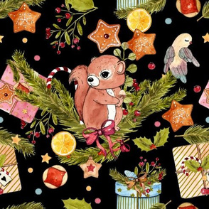 1272 Watercolor Christmas Pattern 2018 02 - Squirrel black