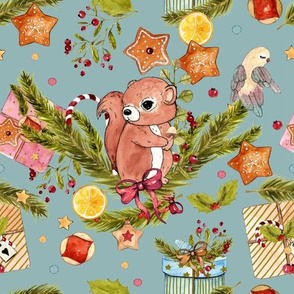 1273 Watercolor Christmas Pattern 2018 02 - Squirrel blue