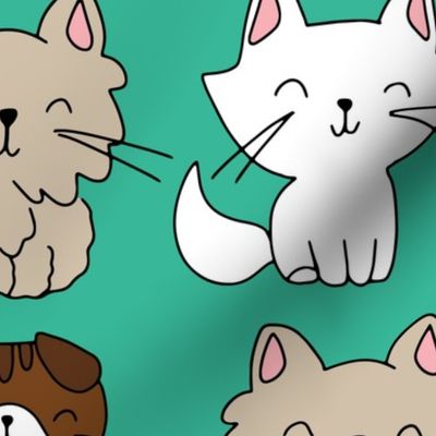 teal background hand drawn cats 