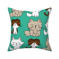 teal background hand drawn cats 