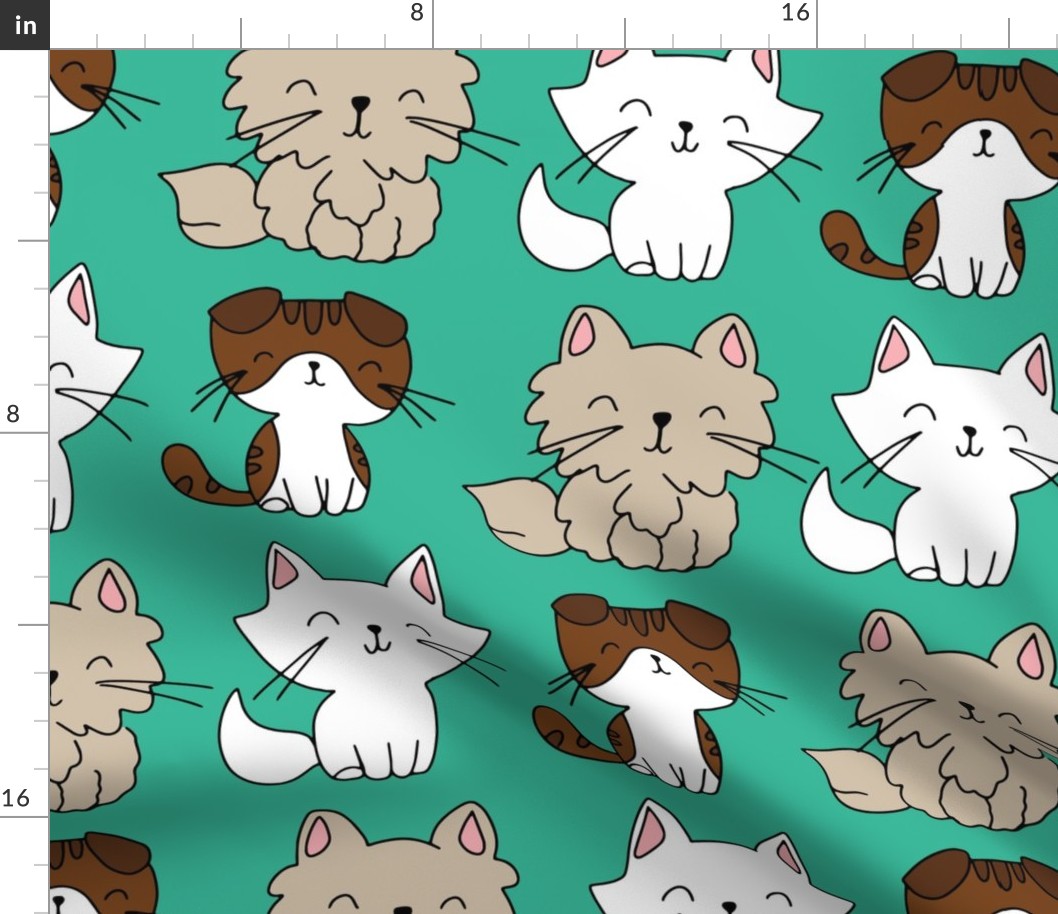 teal background hand drawn cats 