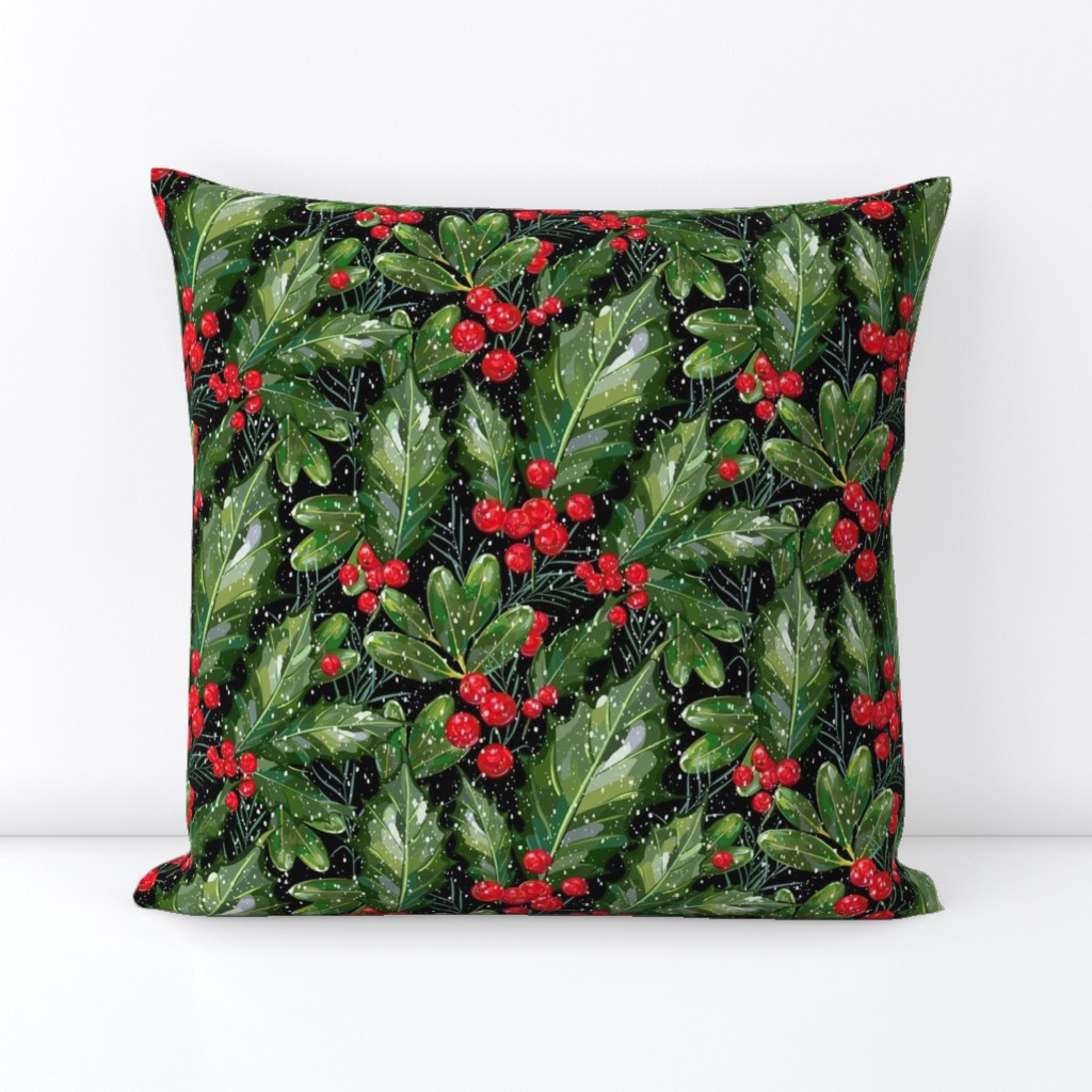 Christmas Snow Holly | Black Solid Bkgnd