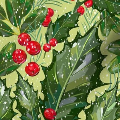 Christmas Snow Holly | Light Green Bkgnd