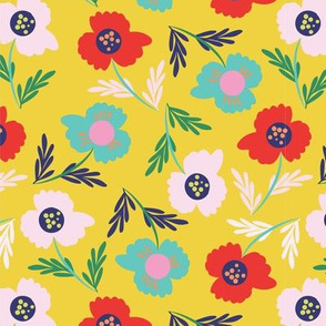Flower Power: Red, Teal, and Pink Blooms with Blue Leaves on Canary Yellow