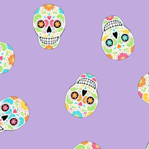 Scattered Calavera Sugar Skulls on lilac - medium scale