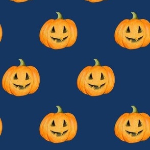 Jack-o'-lantern Rows Halloween Pumpkins on night sky navy - medium scale