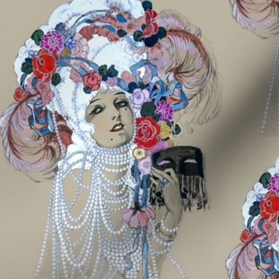 Marie Antoinette inspired beautiful female woman princess queen baroque rococo Victorian lady masks flowers roses pearl necklaces chokers masquerades feathers pouf 18th century Bouffant brown white beauty marks  princess queen  