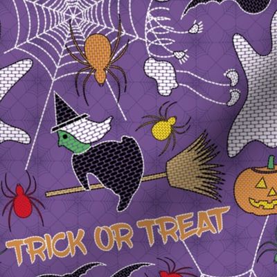 Halloween Embroidery // Witch Flying on Broom, Skeleton, Ghost, Spider, Spider Web, Jack O' Lantern, Bat // Purple, Green, Orange, White // Medium Scale - 400 DPI