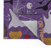 Halloween Embroidery // Witch Flying on Broom, Skeleton, Ghost, Spider, Spider Web, Jack O' Lantern, Bat // Purple, Green, Orange, White // Medium Scale - 400 DPI