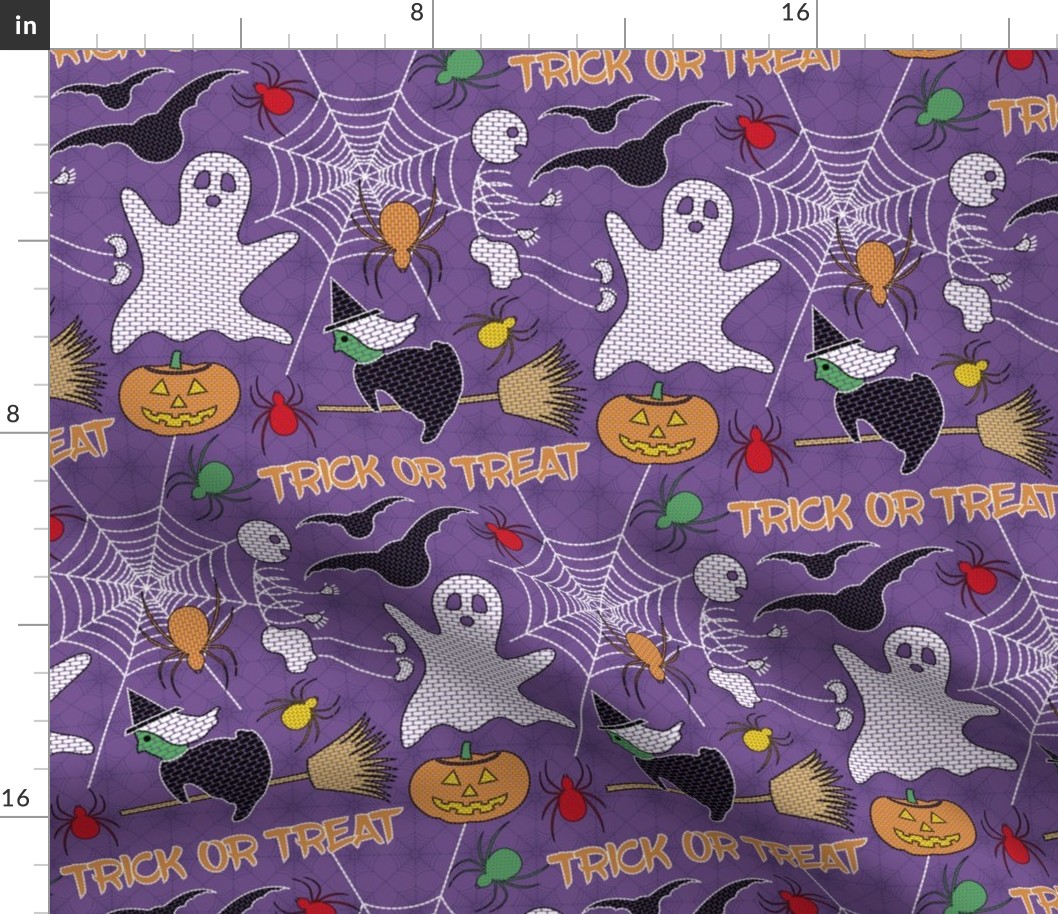 Halloween Embroidery // Witch Flying on Broom, Skeleton, Ghost, Spider, Spider Web, Jack O' Lantern, Bat // Purple, Green, Orange, White // Medium Scale - 400 DPI