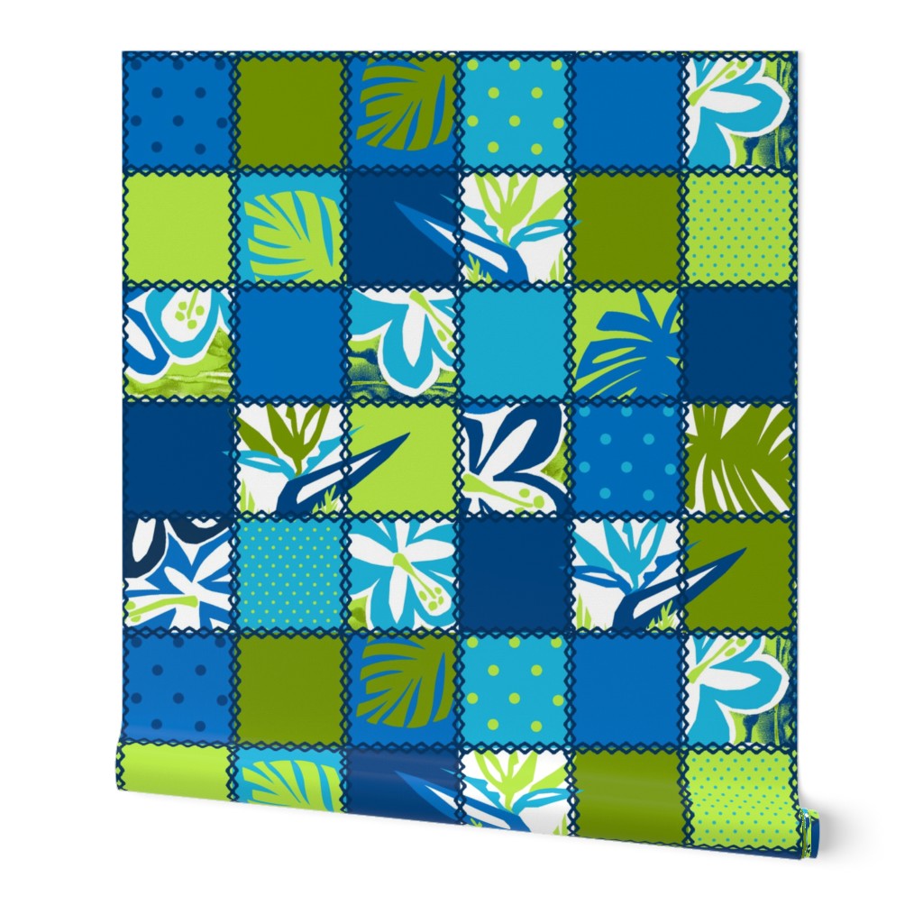 Cheater Quilt Hawaiian Floral and Dot Patchwork